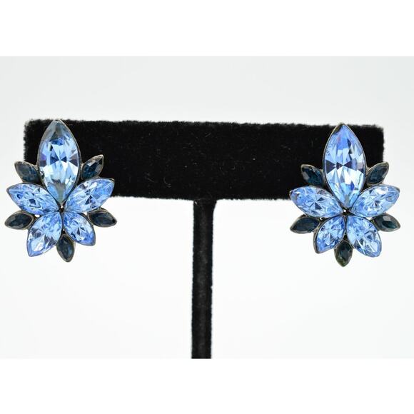 Givenchy Vintage Crystal Clip On Earrings Sky Navy Blue Runway Signed 1980s Bin1 - Picture 1 of 10